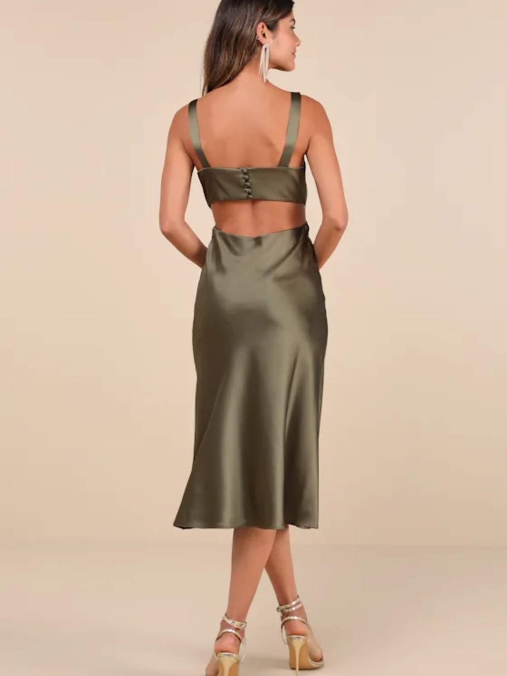 Lulus Unmatched Elegance Satin Sleeveless Midi Dress NWT Size Large Olive Green - Picture 2 of 11